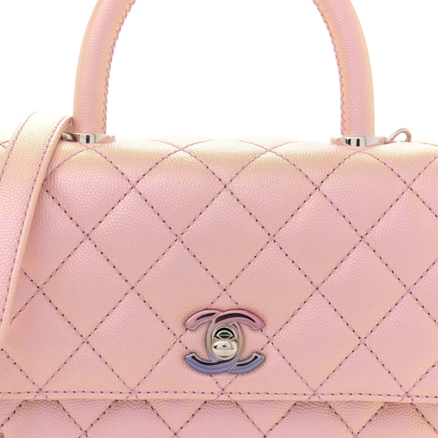 Iridescent Caviar Quilted Mini Coco Handle Flap Pink