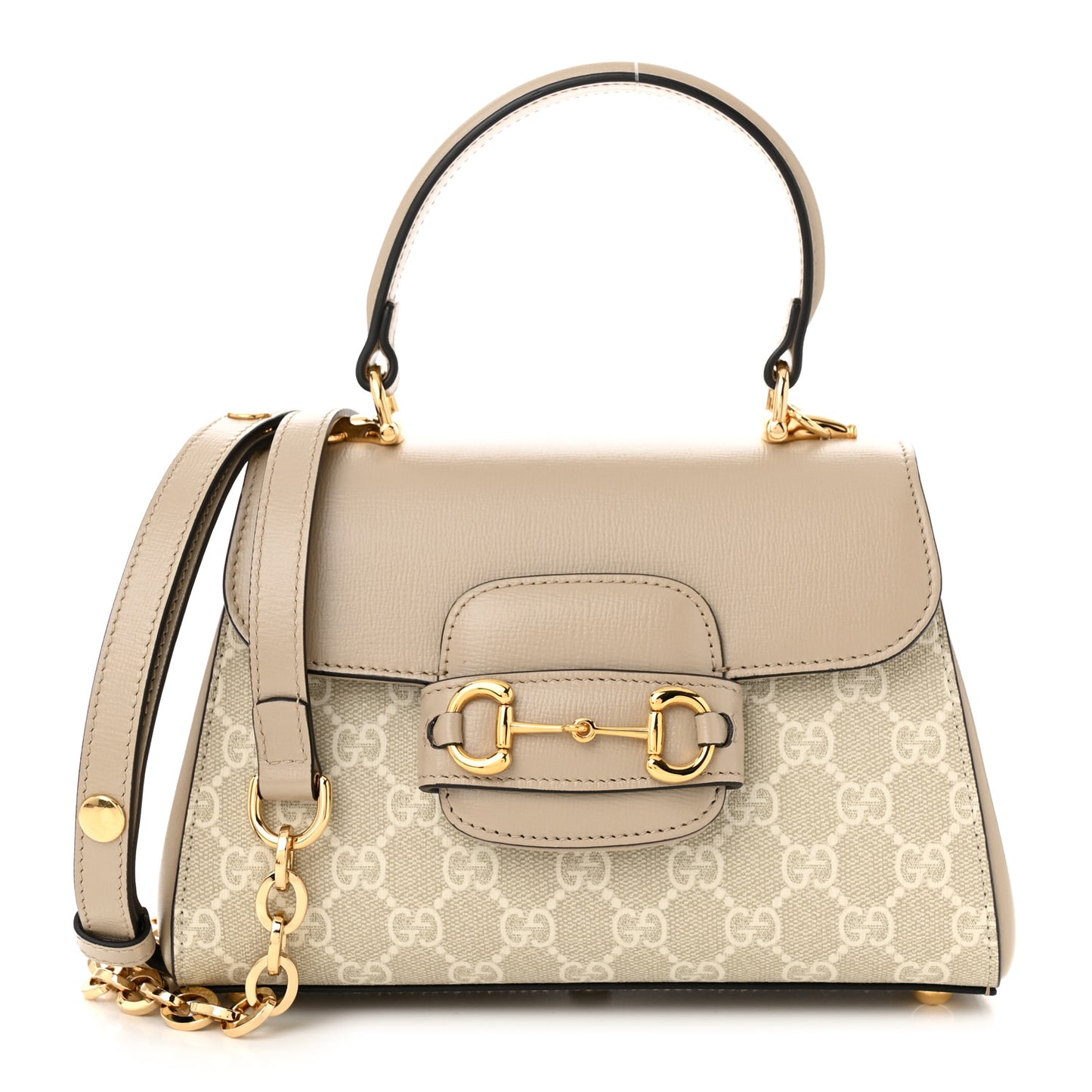 GG Supreme Monogram Azalea Calfskin Mini Horsebit 1955 Top Handle Flap Bag Beige Mystic White Oatmeal