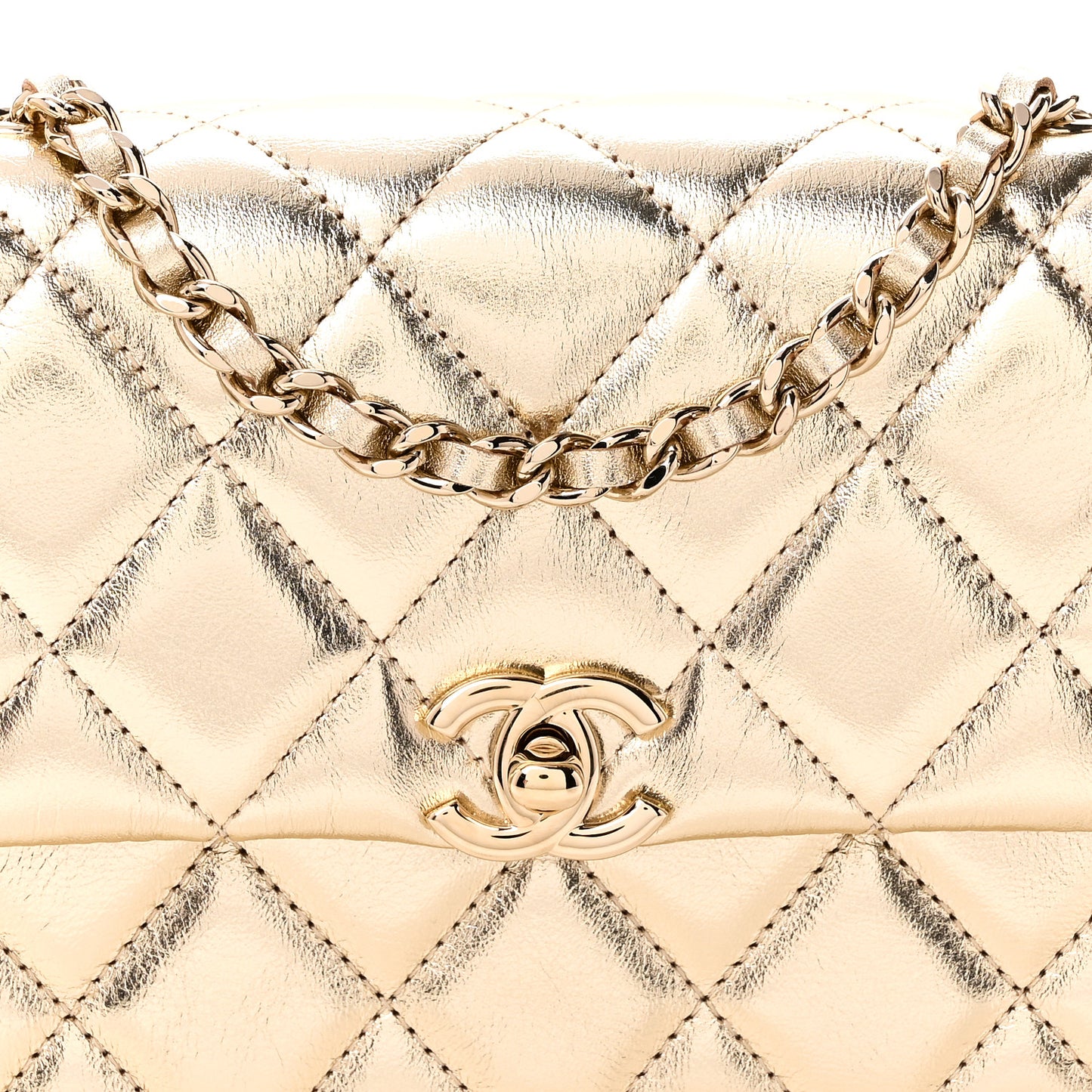 Metallic Lambskin Quilted Flap Phone Holder With Chain Gold