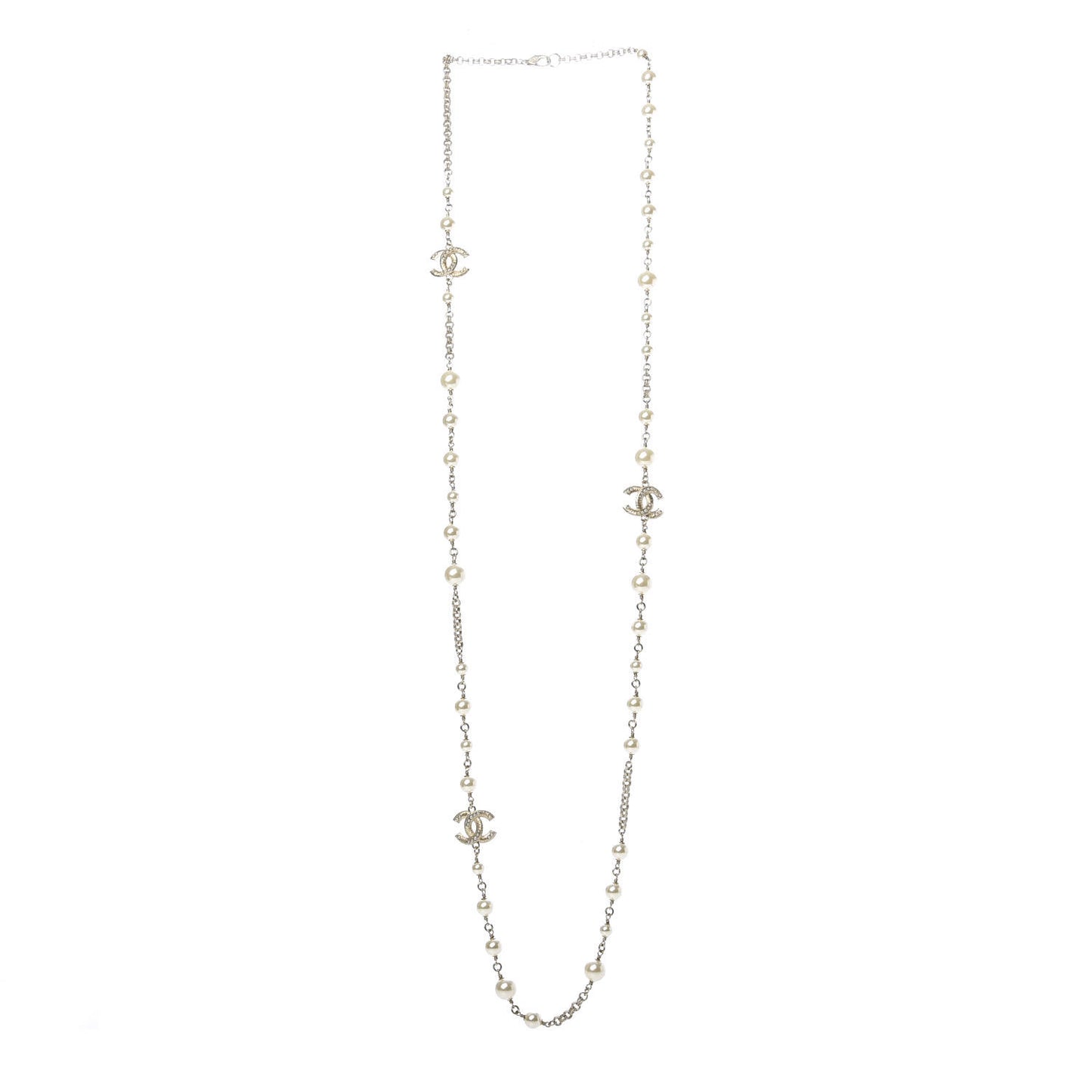 Graduated Pearl Crystal Twisted CC Long Necklace Gold