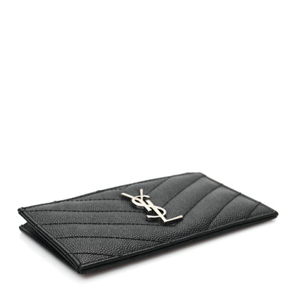 Saint Laurent Grain De Poudre Matelasse Chevron Monogram Fragments Zippered Card Case Black 4 of 7