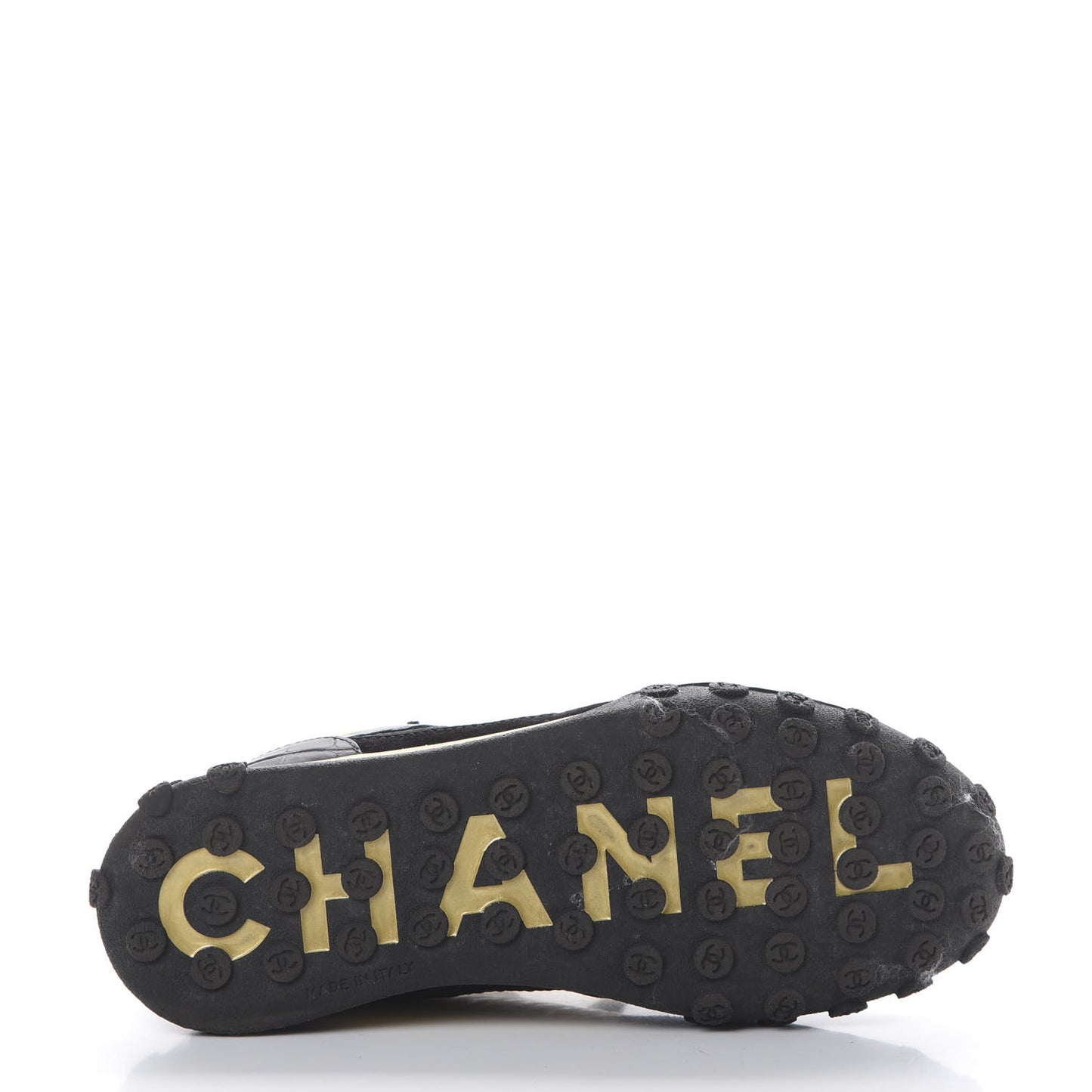 Metallic Fabric Calfskin Suede Crocodile Embossed CC Sneakers 36.5 Black Gold
