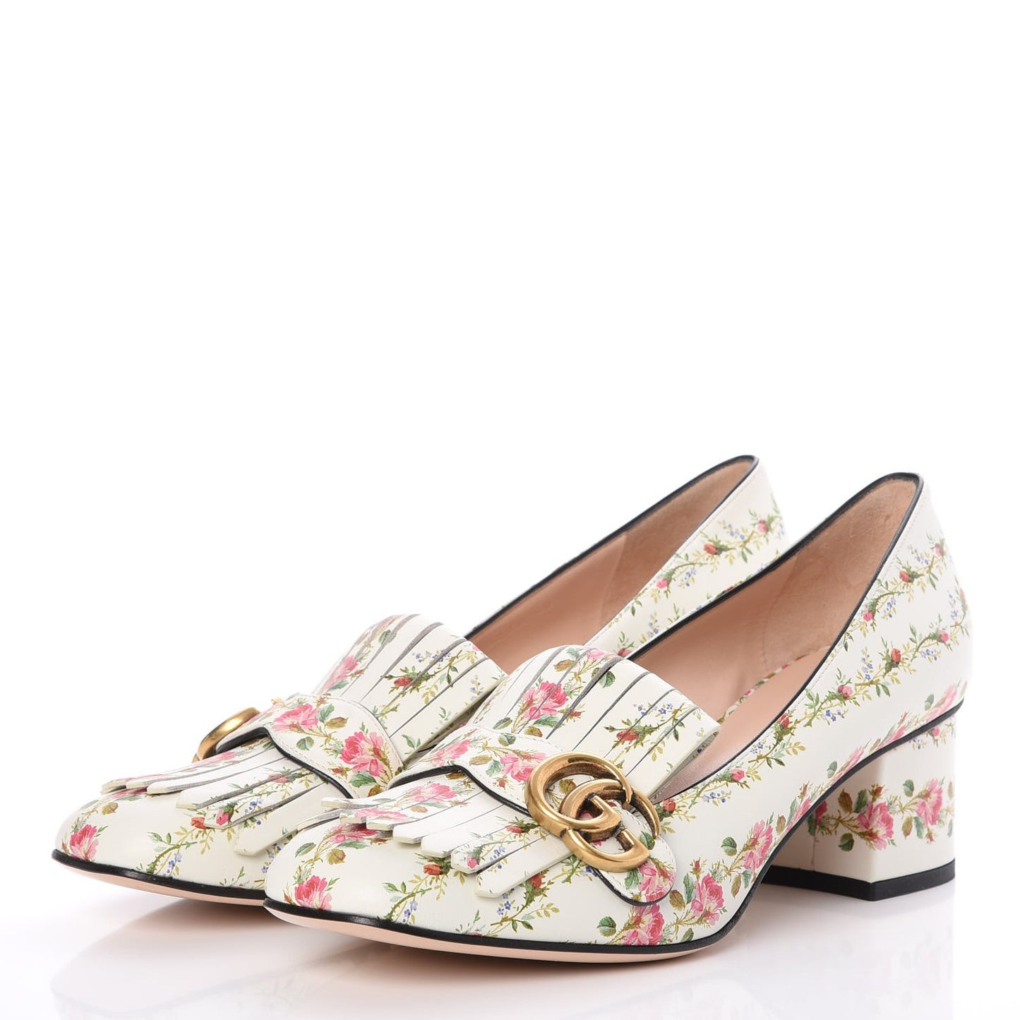 Calfskin Rose Print GG Marmont Fringe 50mm Loafer Pumps 40 Multicolor