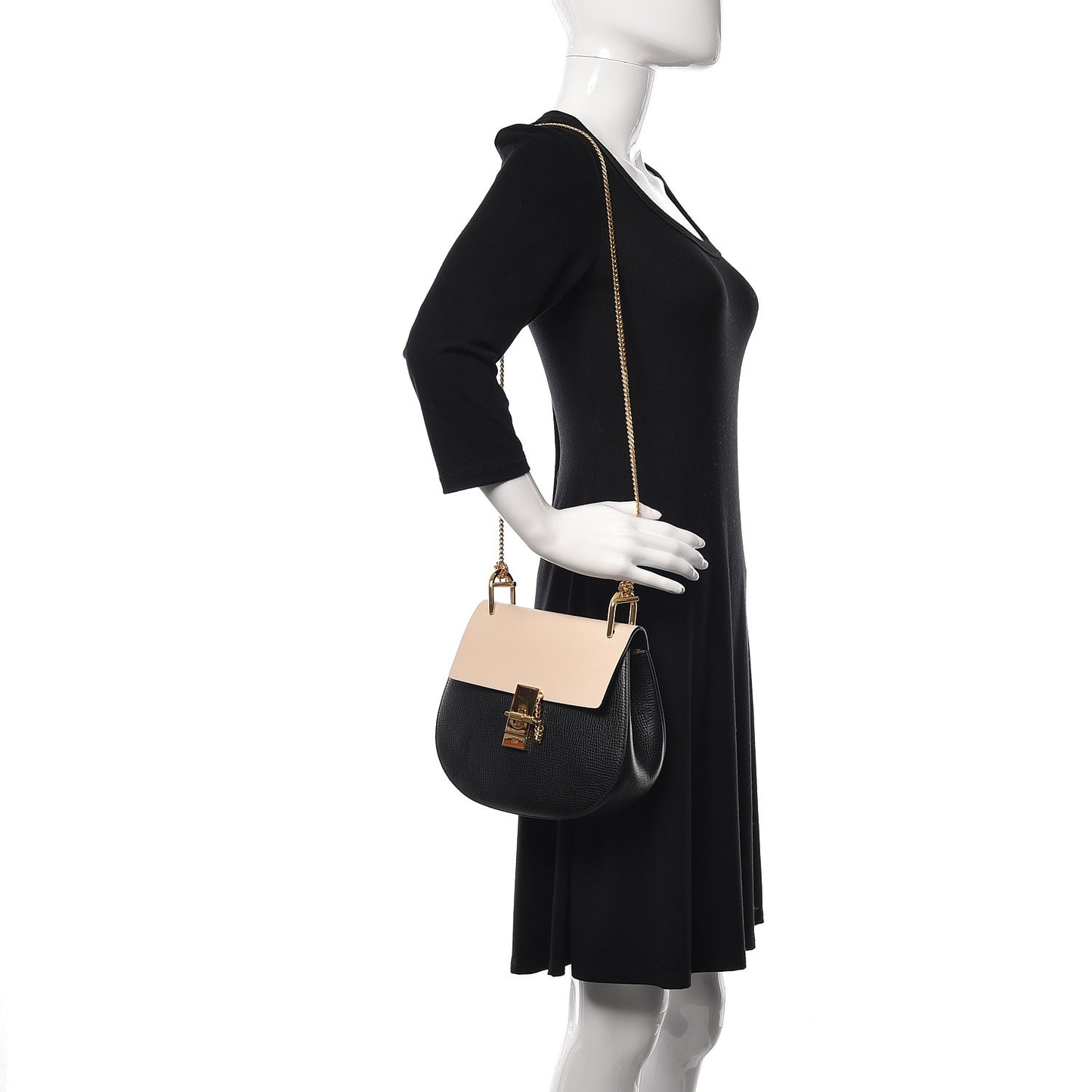 Grained Calfskin Lambskin Bi-Color Drew Shoulder Bag Black Powder Beige