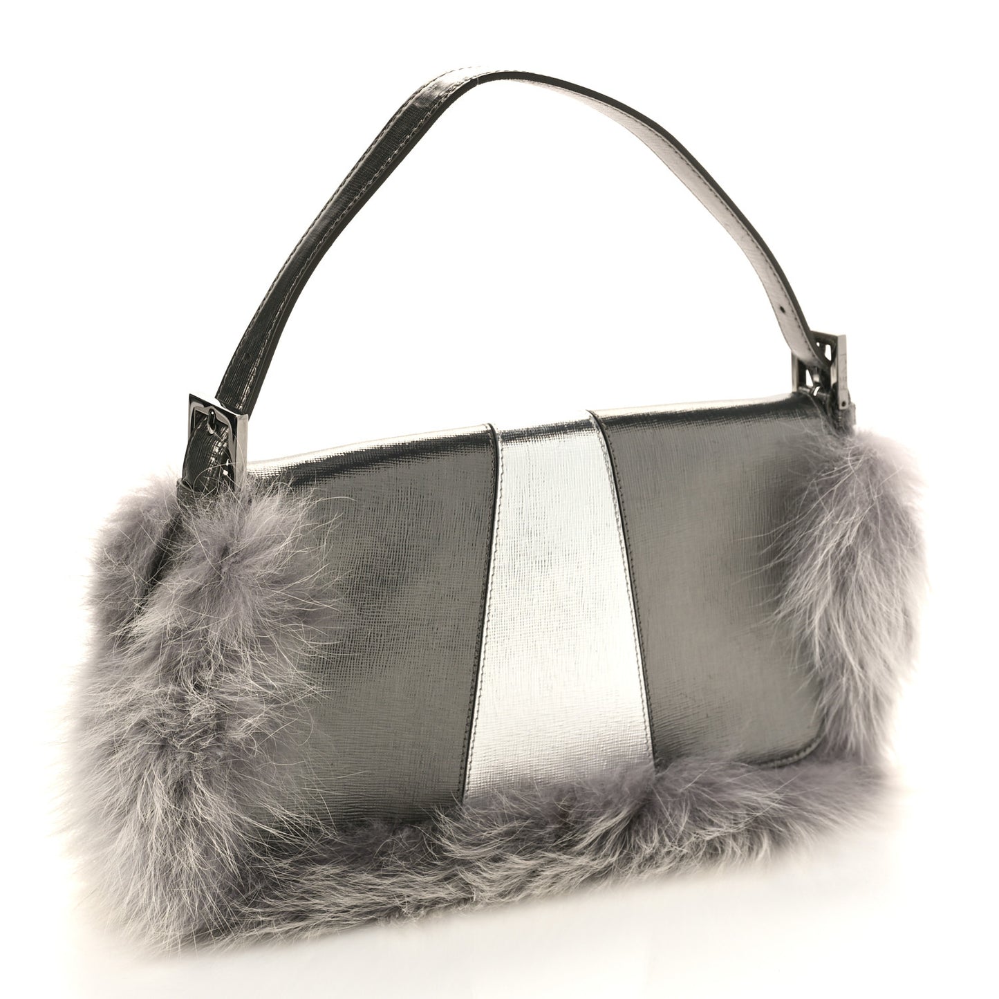 Metallic Saffiano Fox Fur Monster Baguette Gray
