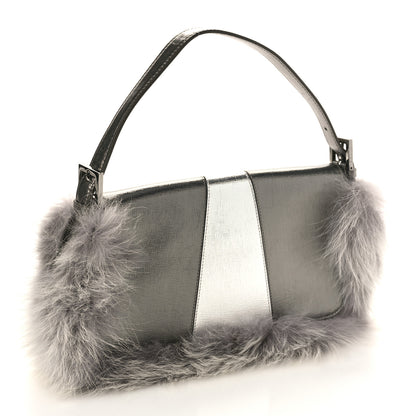 Fendi Metallic Saffiano Fox Fur Monster Baguette Gray 4 of 9