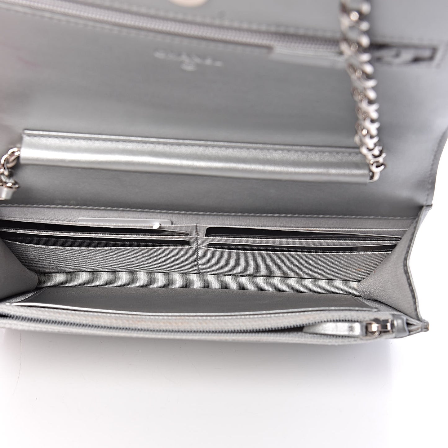 Metallic Lambskin Camellia Crystal Wallet on Chain WOC Silver