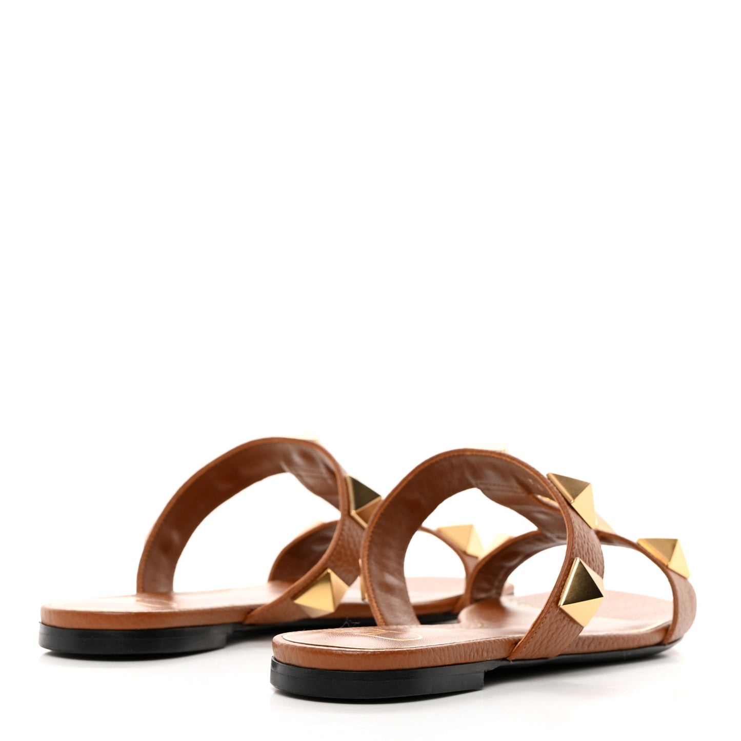 VALENTINO GARAVANI Calfskin Roman Stud Flat Slide Sandals 37 Saddle Brown