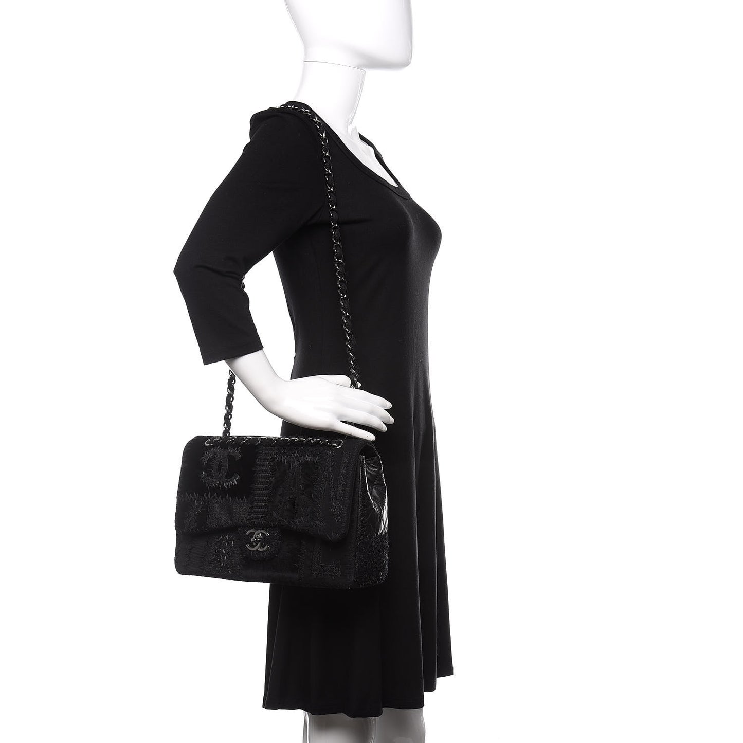 Tweed Patchwork Jumbo Single Flap Black