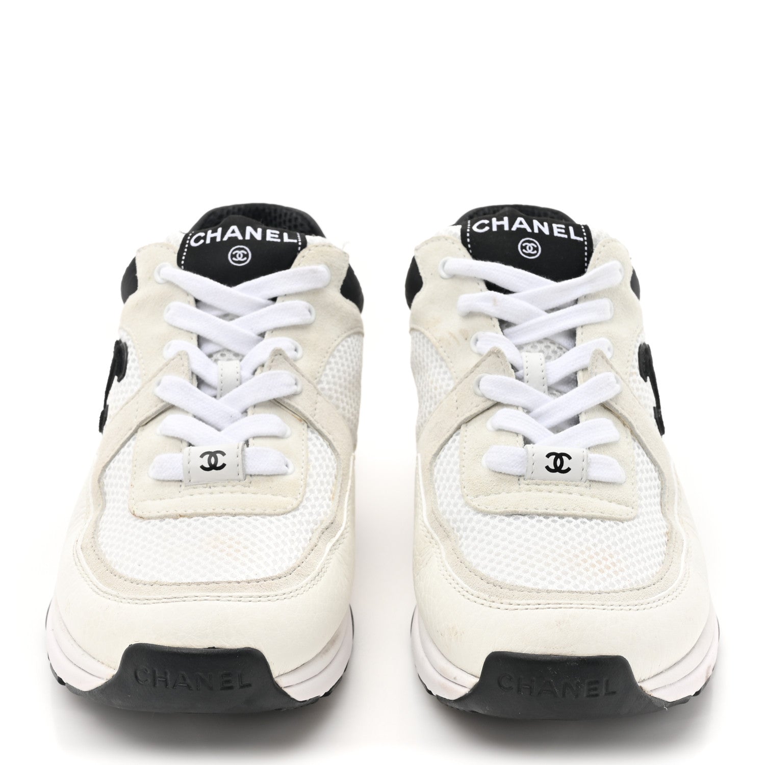 Chanel Mesh Suede Calfskin Grained Calfskin Womens CC Sneakers 37 White Black 2 of 11