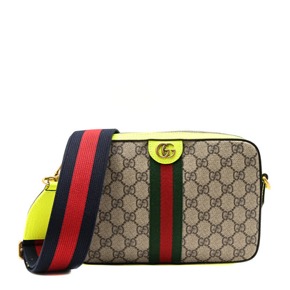 Gucci GG Supreme Monogram Textured Dollar Calfskin Web Ophidia Wristlet Shoulder Bag Beige Ebony Fluo Yellow 1 of 10