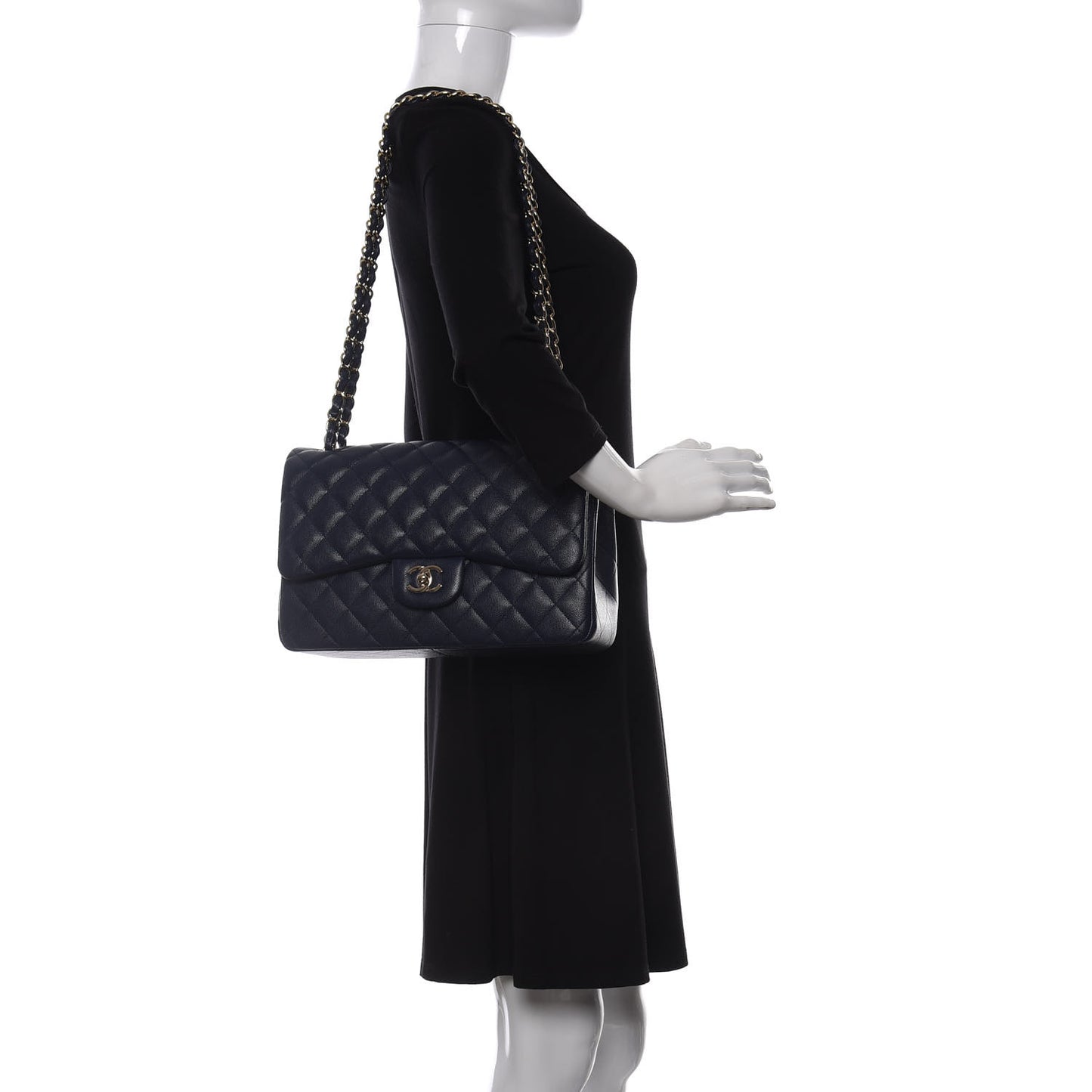 Caviar Quilted Jumbo Double Flap Navy Blue