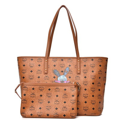 MCM Visetos Medium Rabbit Top Zip Shopper Tote Cognac 1 of 12