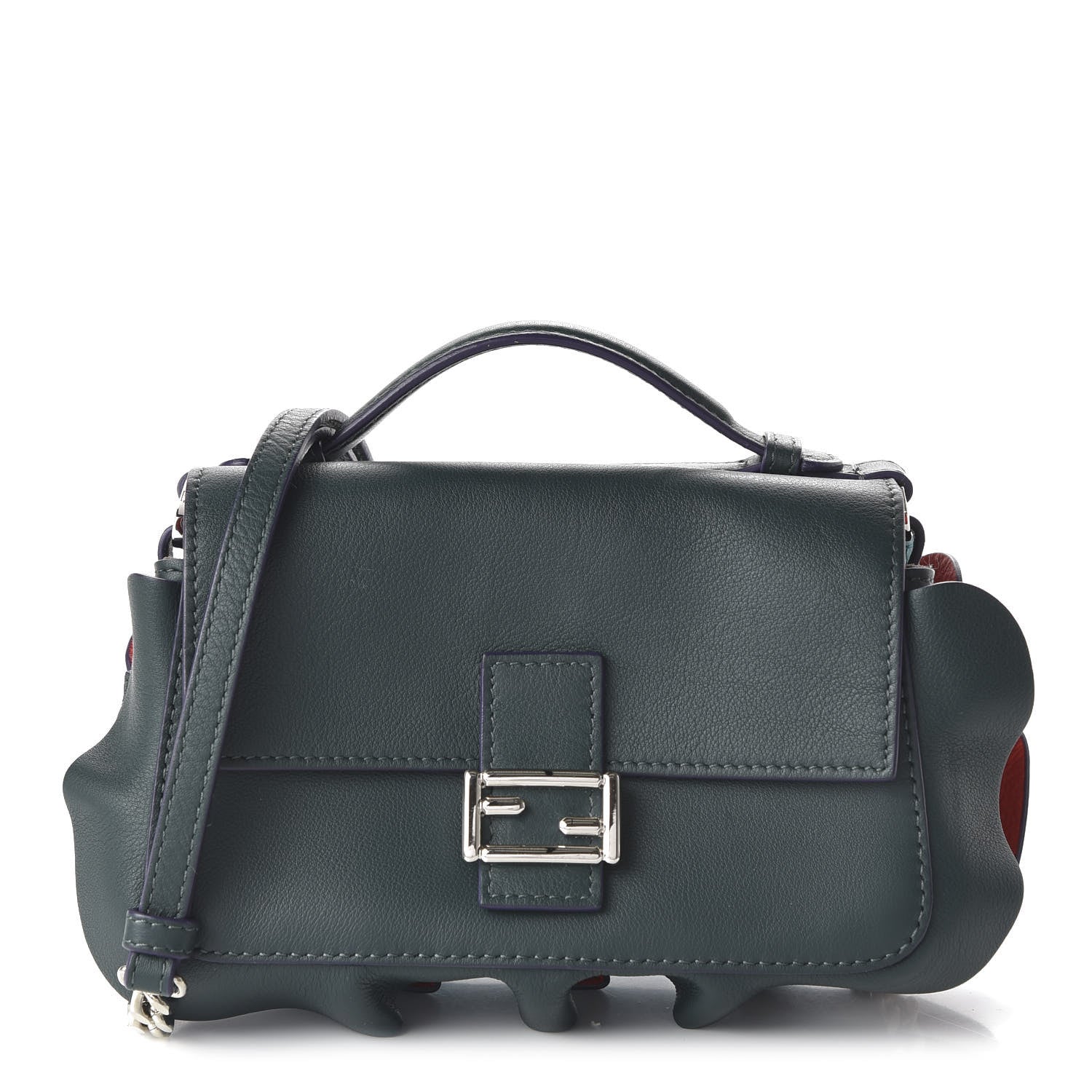 Fendi Vitello Dolce Waves Tri-Color Micro Double Baguette Verde Inglese Papavero Laguna 1 of 9