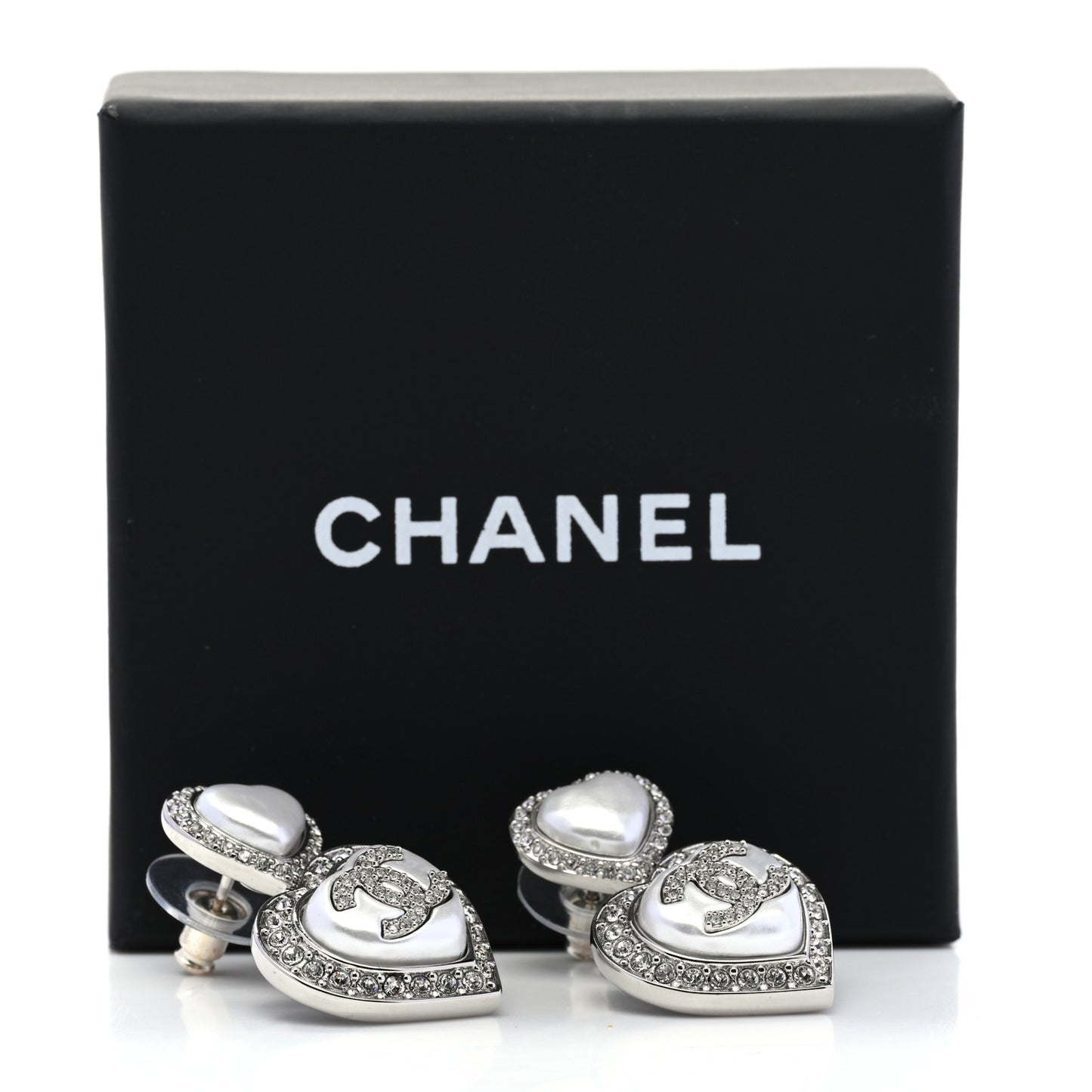 Pearl Crystal CC Heart Drop Earrings Silver