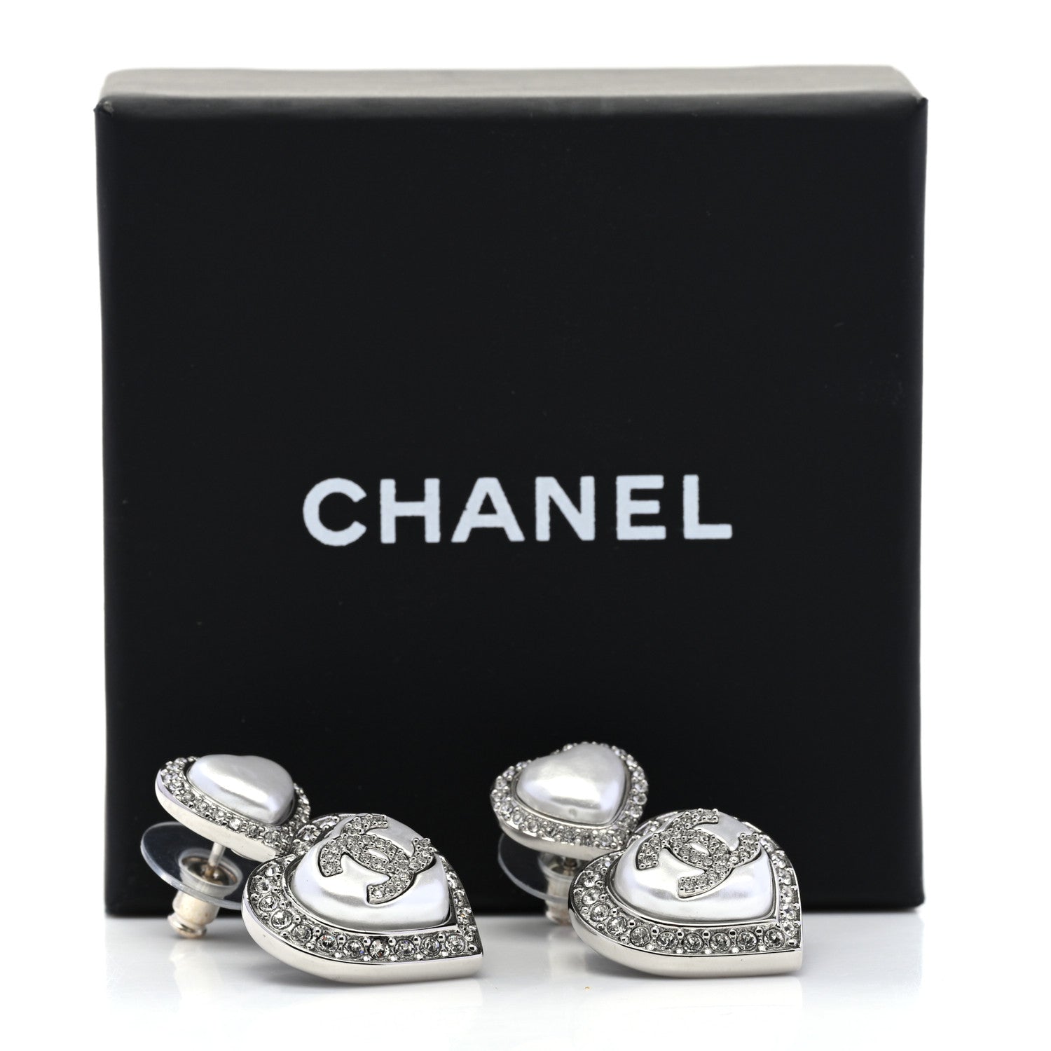 Chanel Pearl Crystal CC Heart Drop Earrings Silver 5 of 5