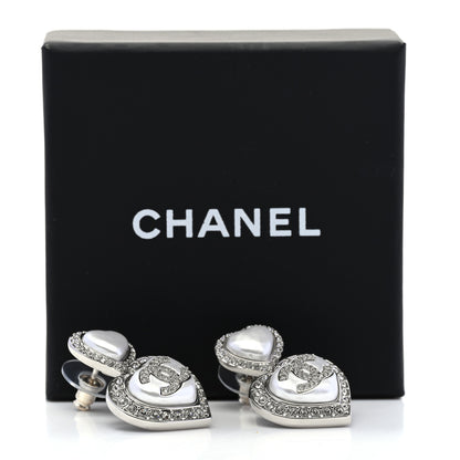Chanel Pearl Crystal CC Heart Drop Earrings Silver 5 of 5