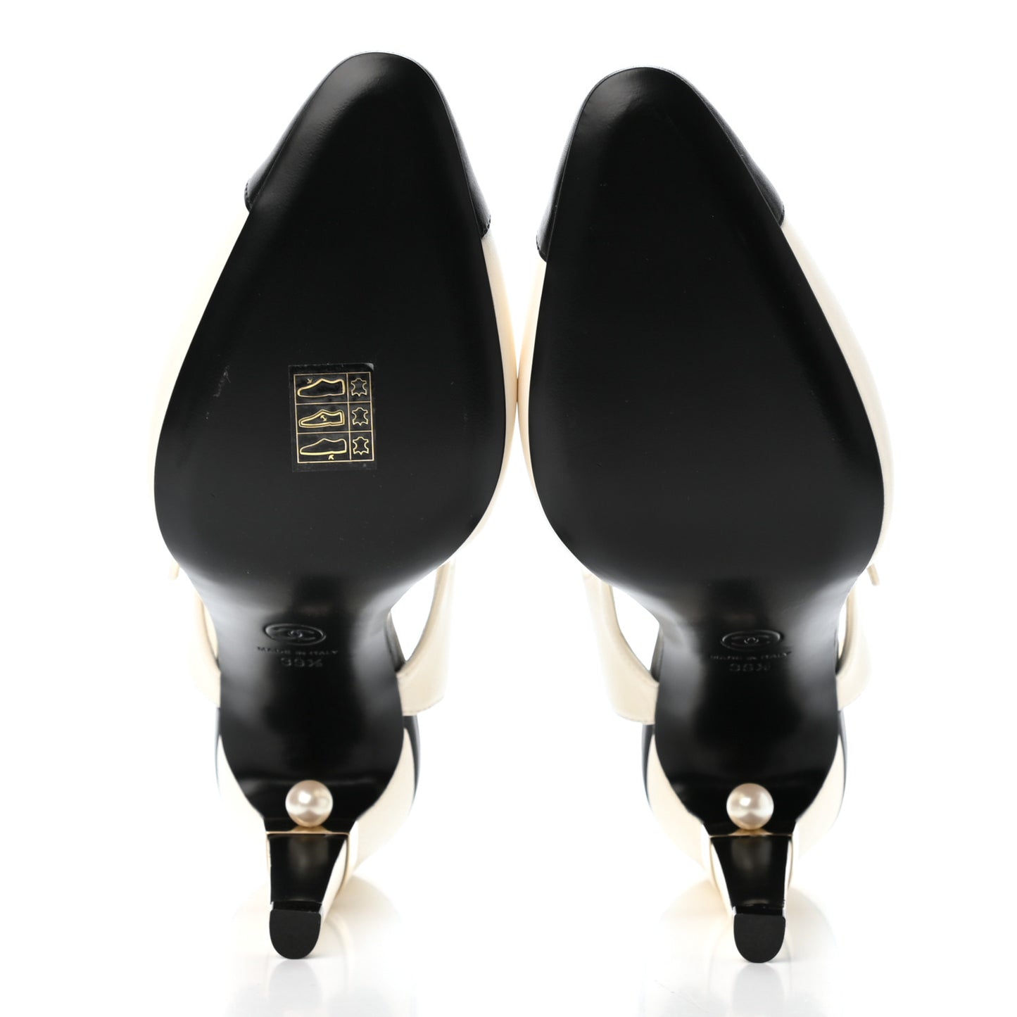 Lambskin Pearl Cap Toe CC Ankle Strap Pumps 39.5 Ivory Black