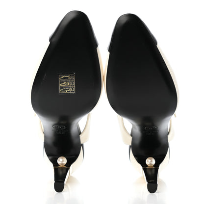 Chanel Lambskin Pearl Cap Toe CC Ankle Strap Pumps 39.5 Ivory Black 4 of 5