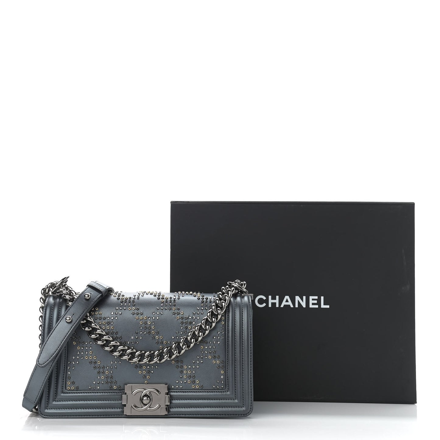 Metallic Calfskin Crystal Medium Boy Flap Dark Silver