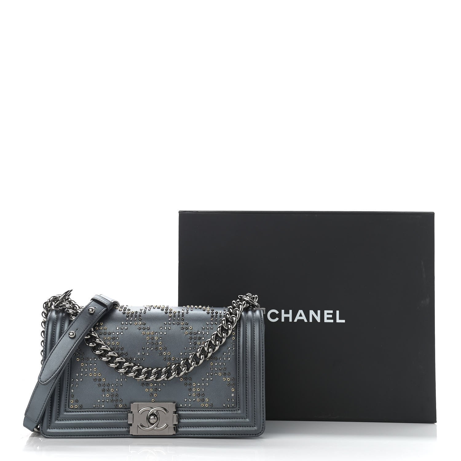 Chanel Metallic Calfskin Crystal Medium Boy Flap Dark Silver 11 of 11