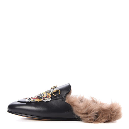 Gucci Calfskin Fur Tiger Embroidered Womens Princetown Slippers 37 Black 1 of 9