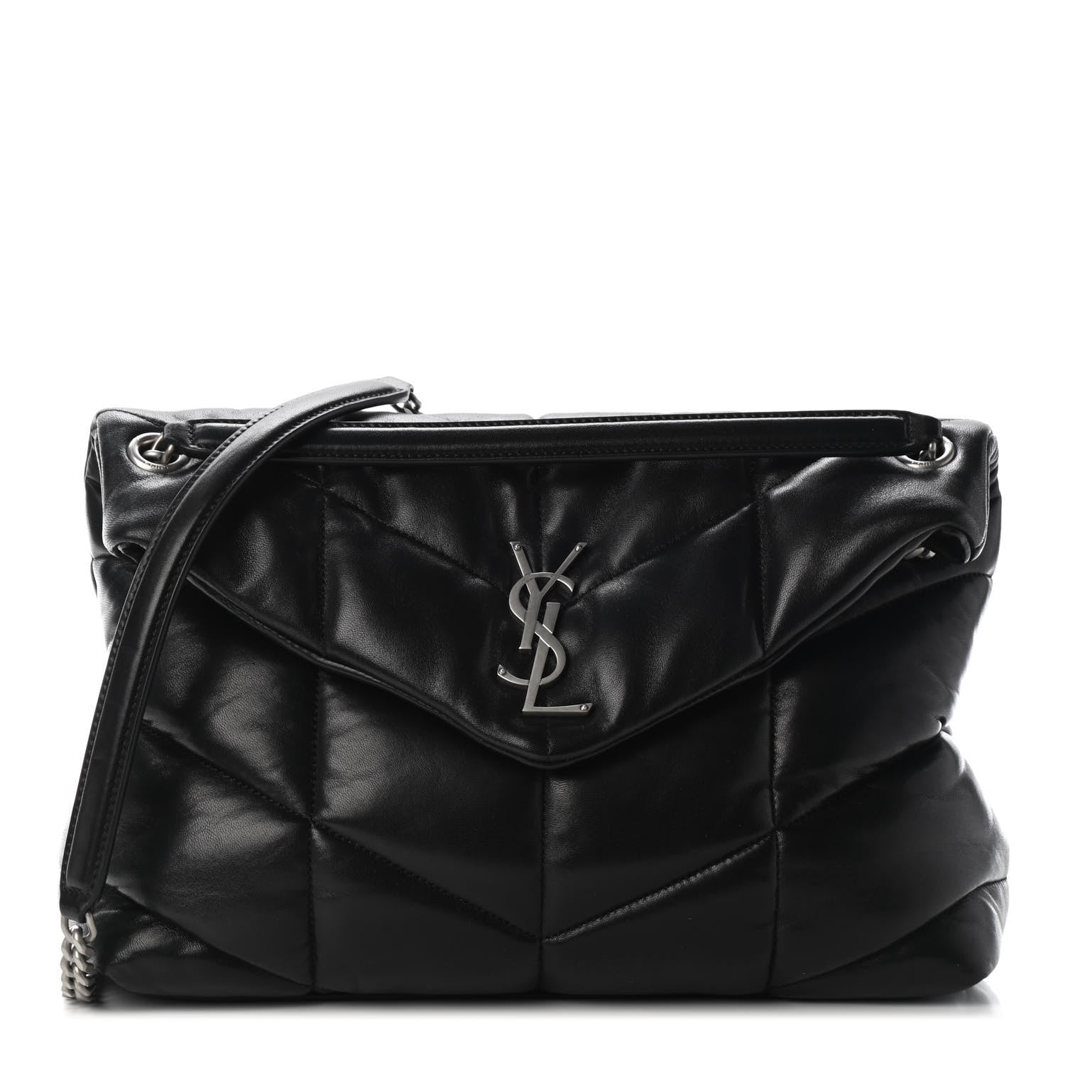 Saint Laurent Lambskin Quilted Medium Loulou Puffer Monogram Chain Satchel Black 1 of 9