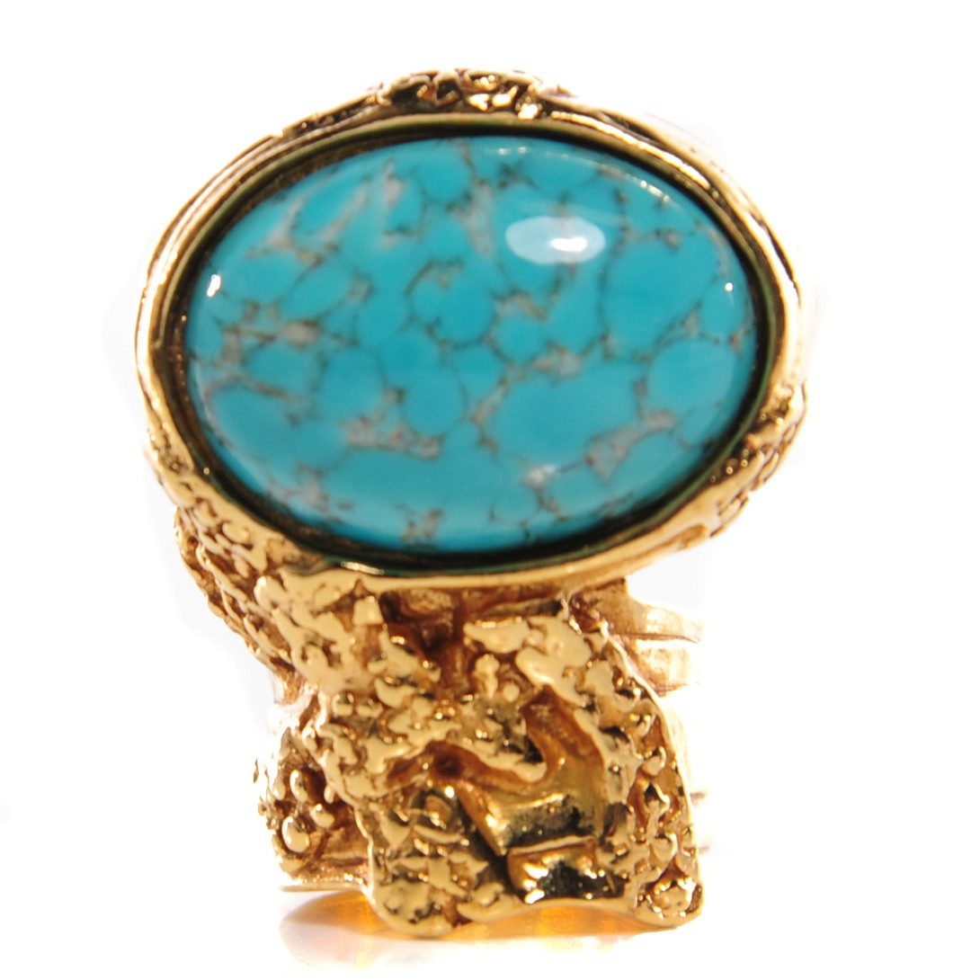 Glass Cabochon Arty Ovale Ring 6 Gold Turquoise