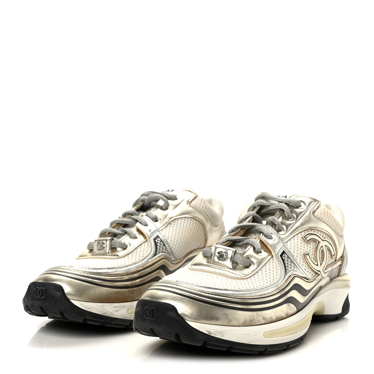 Chanel Fabric Laminated Calfskin Stretch CC Sneakers 39.5 White Gold Silver 4 of 10