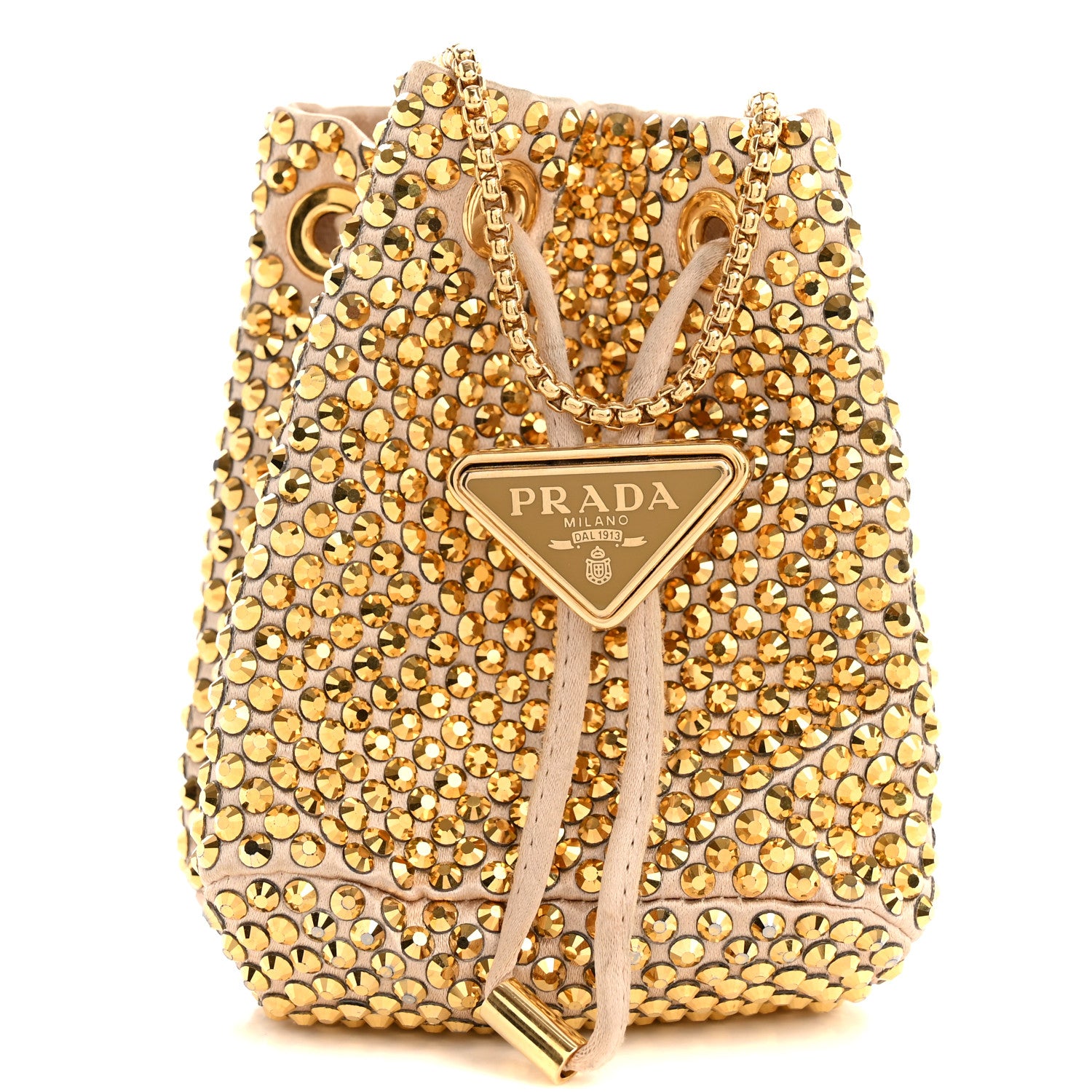 Prada Satin Crystal Metal Triangle Logo Mini Drawcord Pouch Shoulder Bag Platino 1 of 12