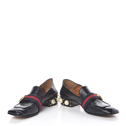 Gucci Betis Glamour Calfskin Web Pearl Embellished Peyton 35mm Loafer Pumps 37 Black 10 of 22