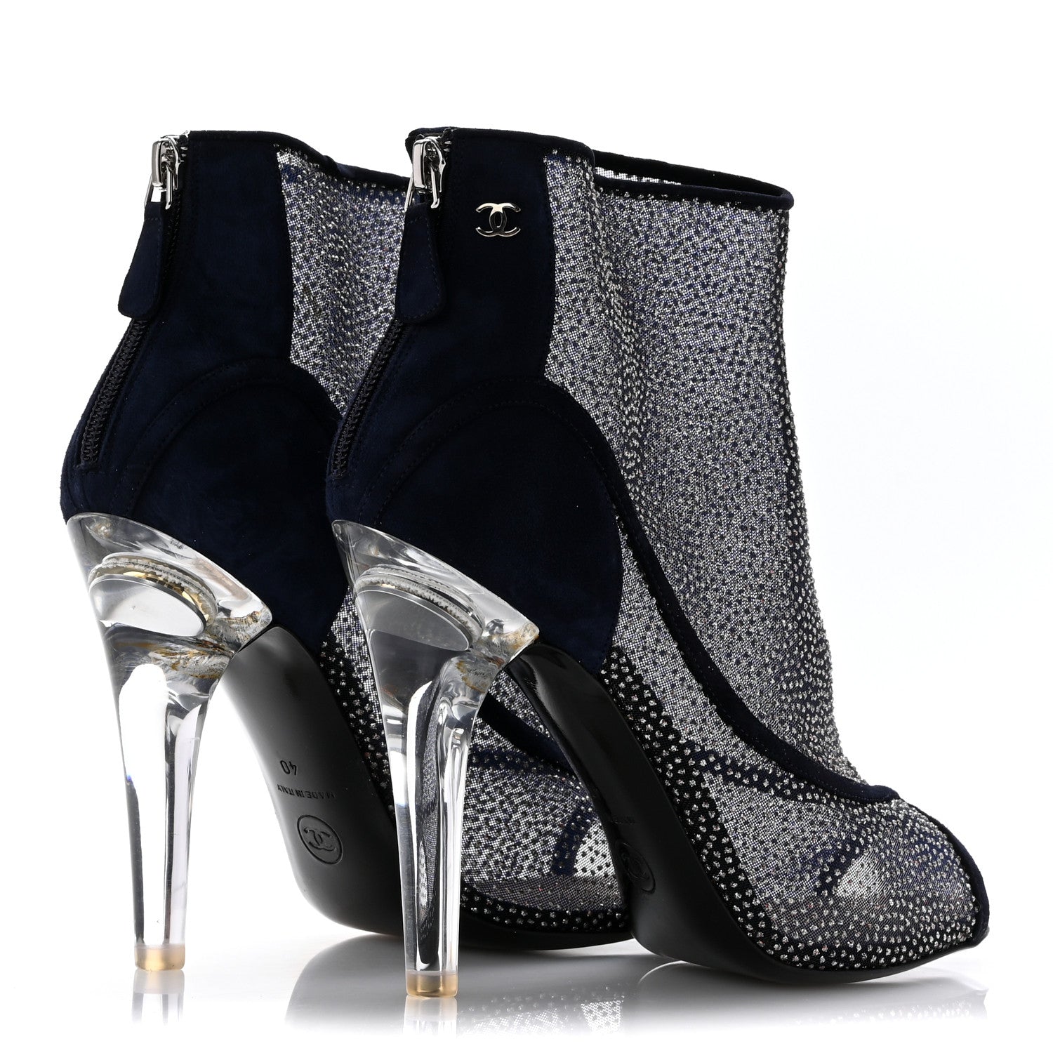 Chanel Mesh Crystal Open Toe Ankle Boots 40 Navy 5 of 12