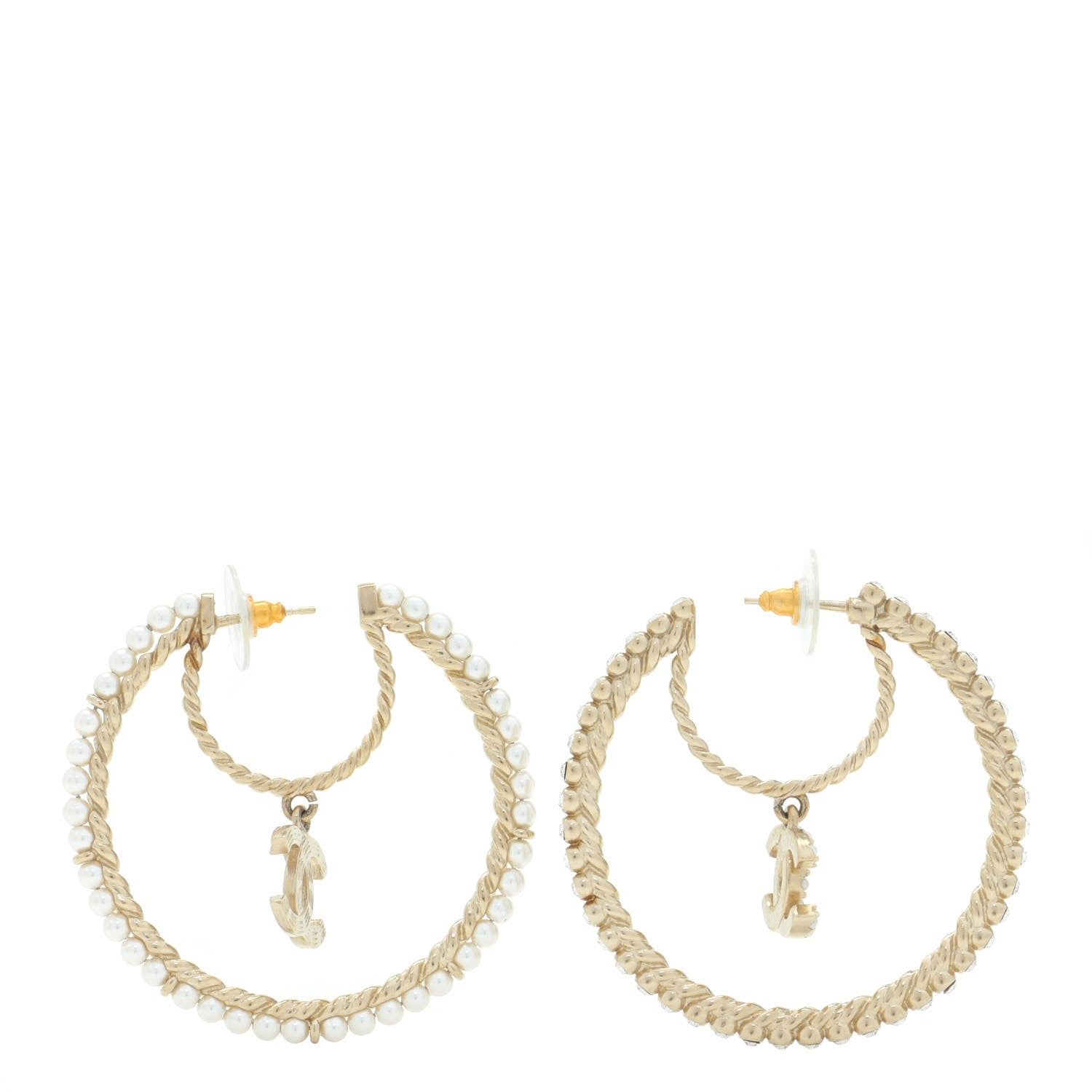 Chanel Crystal Pearl CC Drop Hoop Earrings Gold Pearly White 1 of 5