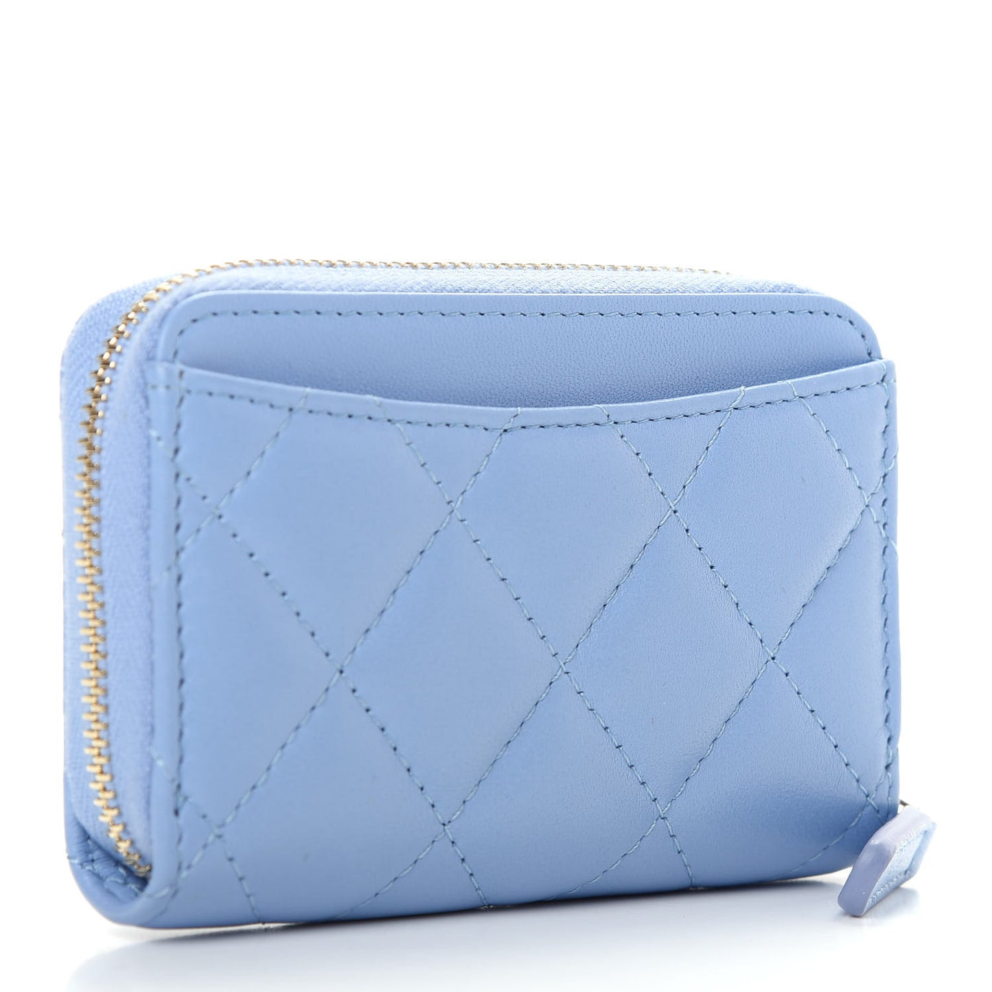 Lambskin Quilted Zip Around Coin Purse Wallet Light Blue
