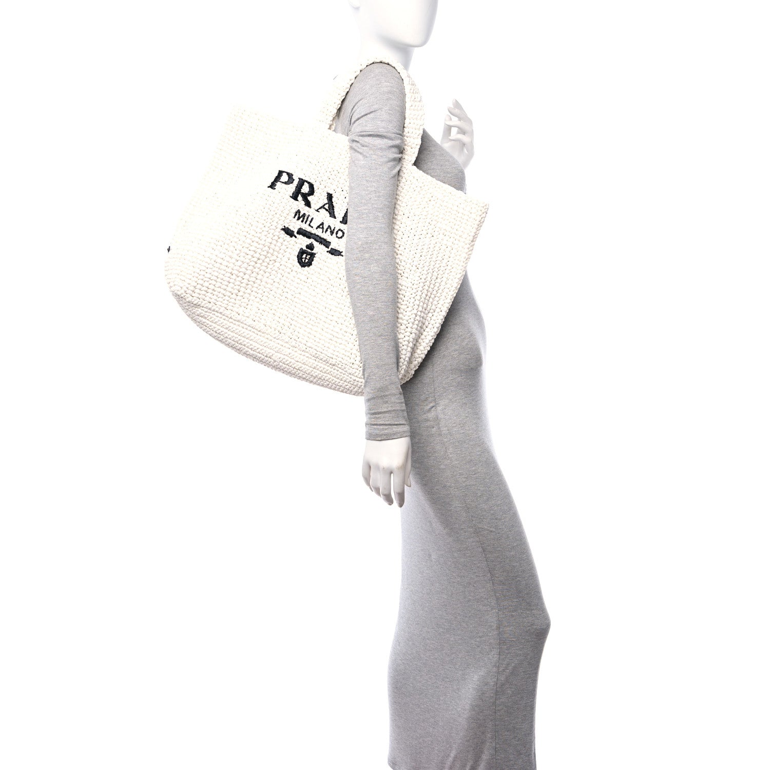 Prada Yarn Raffia Effect Crochet Embroidered Large Logo Tote White 2 of 9