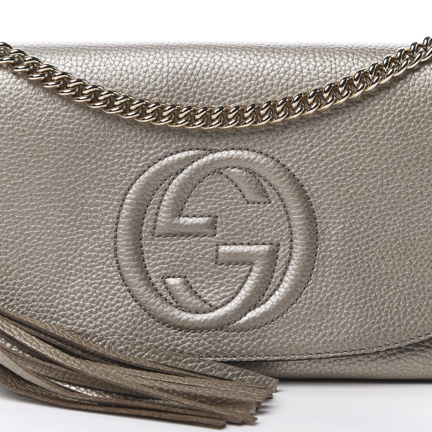 Gucci Metallic Pebbled Calfskin Medium Soho Flap Crossbody Golden Beige 8 of 11