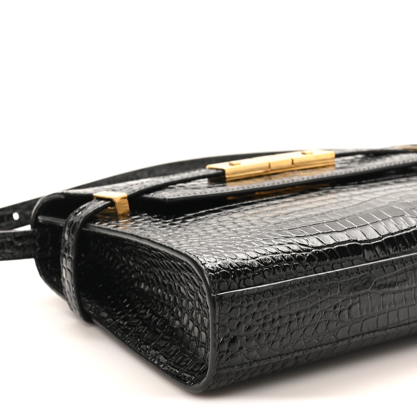 Shiny Calfskin Crocodile Embossed Small Manhattan Baguette Black