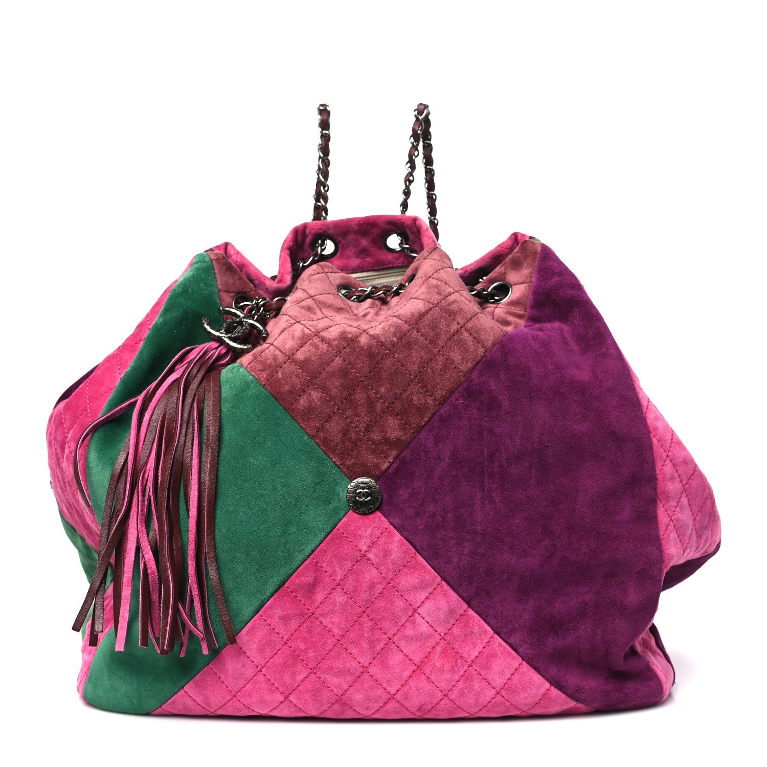 Chanel Suede Quilted Patchwork Drawstring Bag Green Pink Purple Burgundy 1 of 10