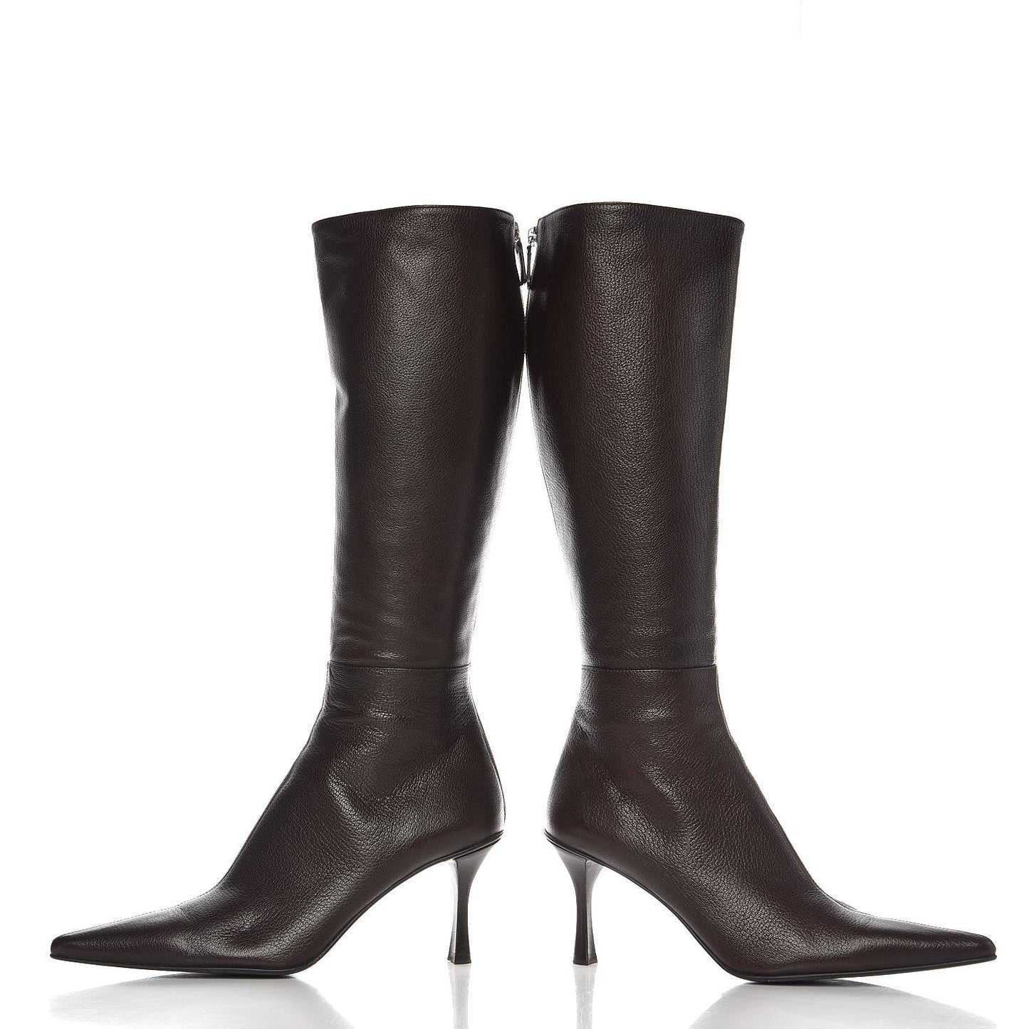 Grained Calfskin Pointed Toe Knee High Boots 8 Brown