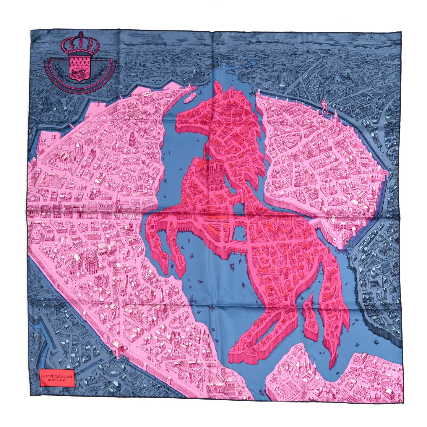 Silk Twill La Cite Cavaliere Scarf 90 Bleu Jean Rose Gris