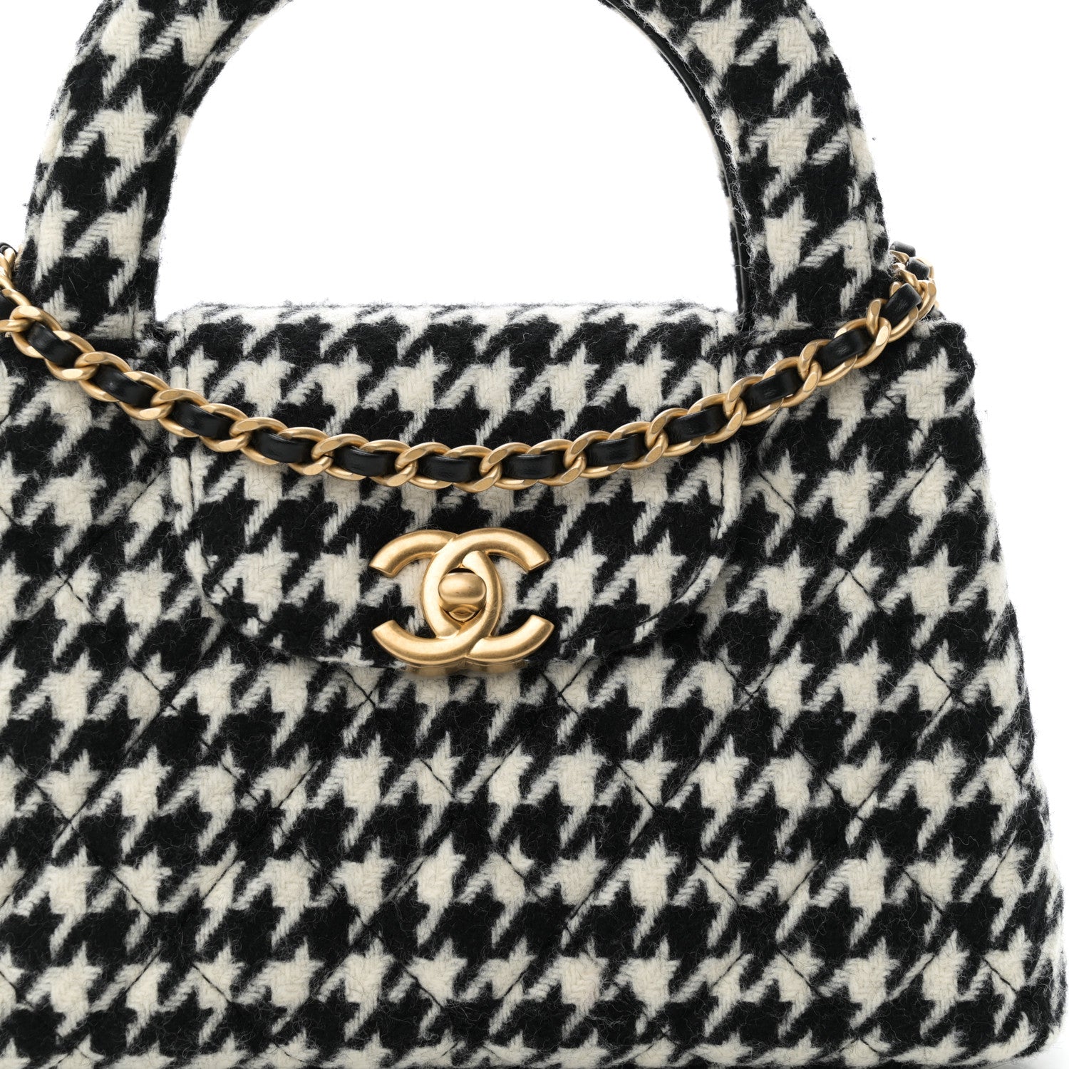 シャネル　ドット Chanel Tweed Houndstooth Quilted Nano Kelly Shopper Black White