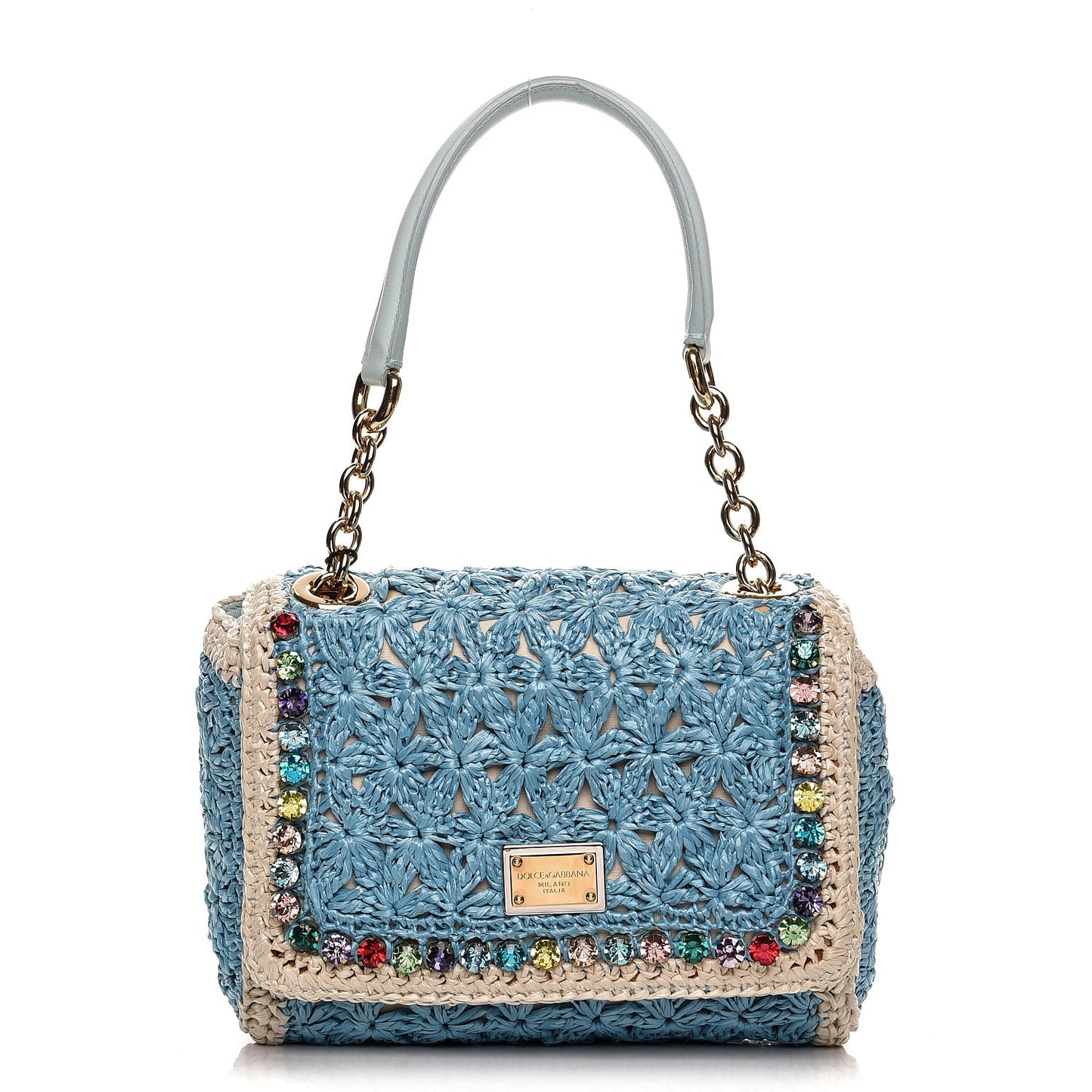 Raffia Studded Miss Charles Flap Shoulder Bag Sky Naked