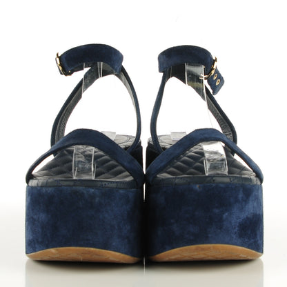 Chanel Suede Calfskin Platform Wedge Sandals 37 Blue 2 of 6
