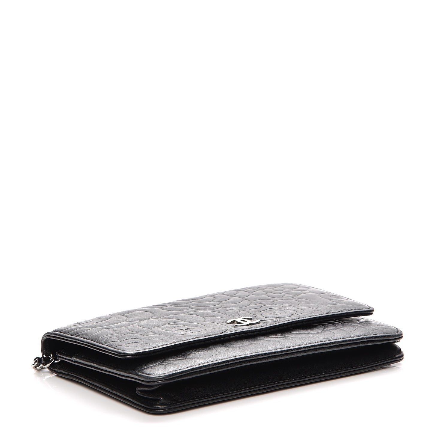 Lambskin Camellia Embossed Wallet On Chain WOC Black