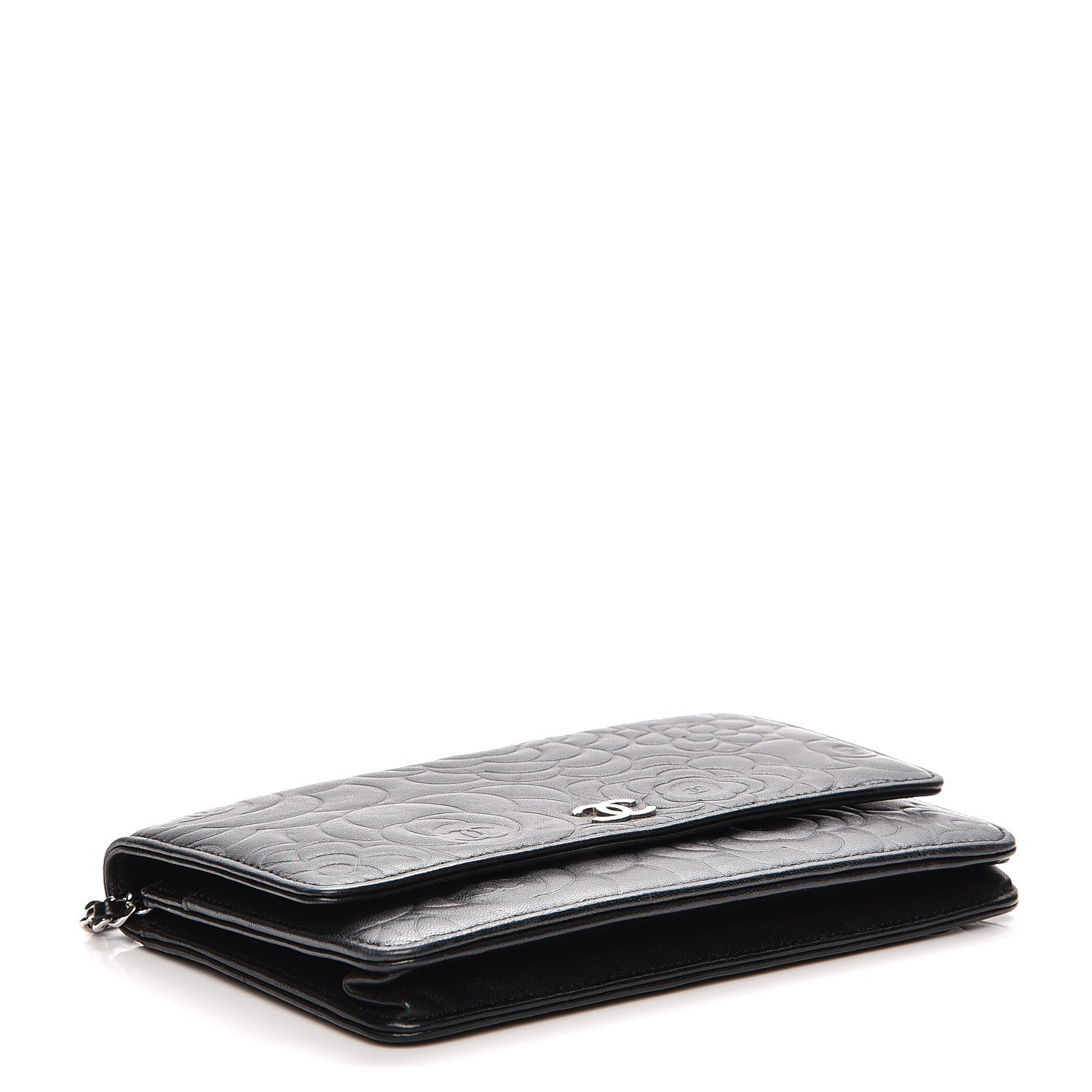 Chanel Lambskin Camellia Embossed Wallet On Chain WOC Black 4 of 10