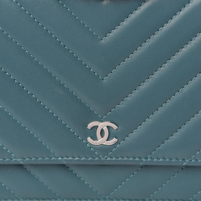 Chanel Lambskin Chevron Quilted Wallet On Chain WOC Blue 14 of 15