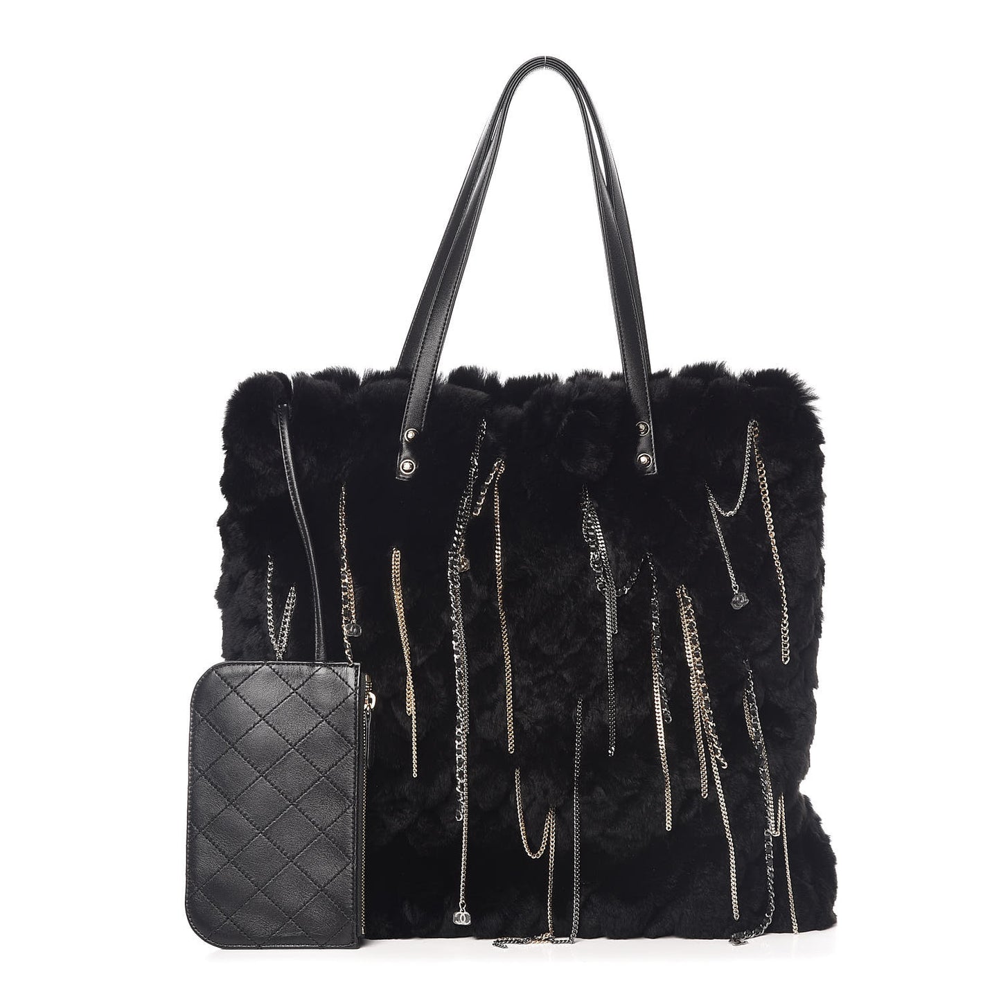 Rabbit Fur Quilted Embellished Shopping Tote Black