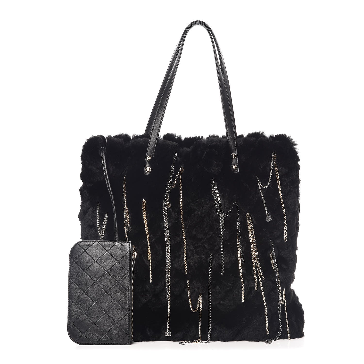Chanel Rabbit Fur Quilted Embellished Shopping Tote Black 1 of 11