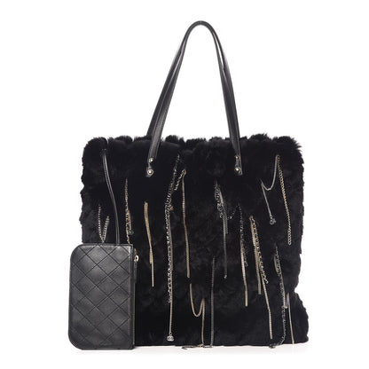 Chanel Rabbit Fur Quilted Embellished Shopping Tote Black 1 of 11