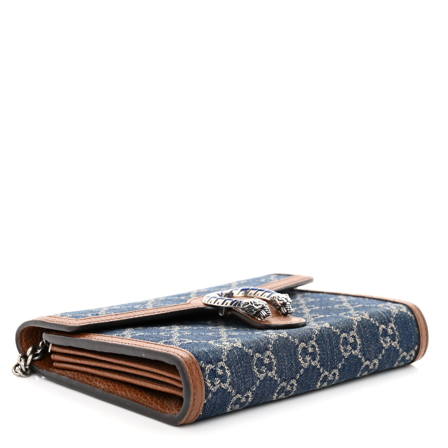 New Denim GG Monogram Dollar Calfskin Enamel Mini Dionysus Chain Wallet Blue Tea Cuir Epilog Electric Blue